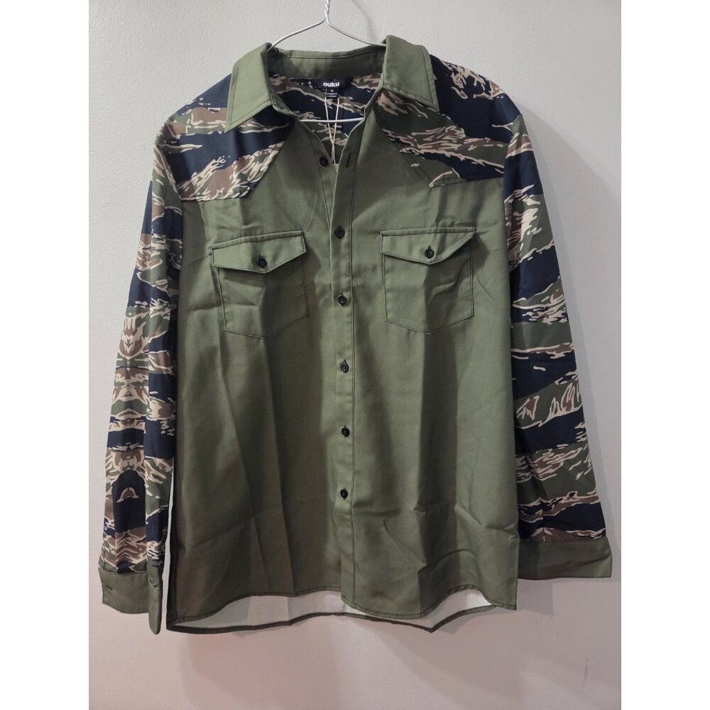 Ouku Men Shirt Long Sleeves Size Medium Green and Camo Collared New With Tag